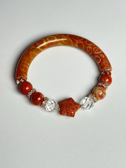 Half Bangle Fossilized Coral Bead Bracelet | Natural Coral Fossil Crystal Jewelry | Earthy Gemstone Bracelet Gift Everyday Wear Collectors