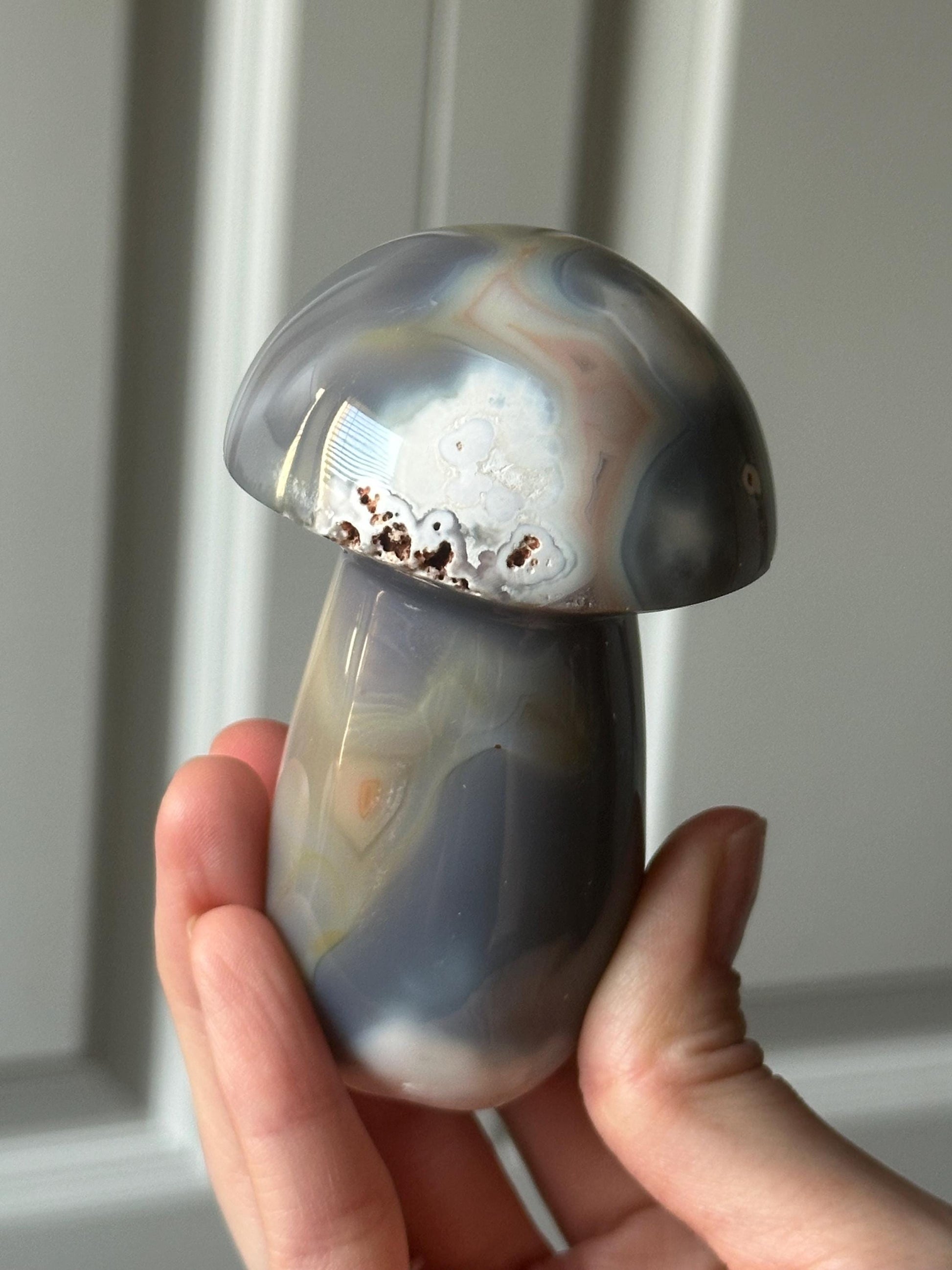 Orca Banded Agate Mushroom | Natural Banded Agate Crystal Carving | Polished Mineral Specimen for Collectors Display Decor Accent