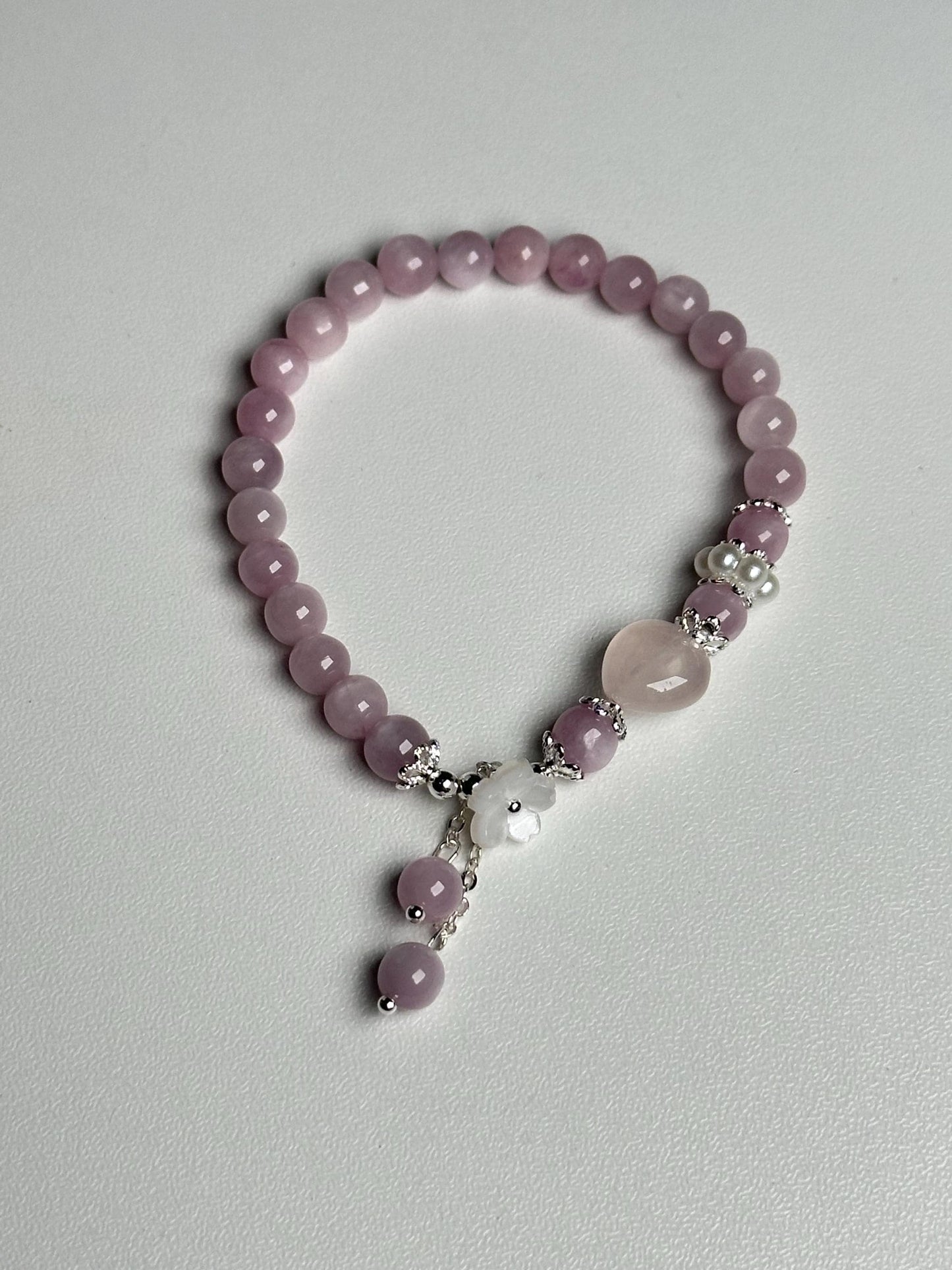 Kunzite Bead Bracelet with Rose Quartz Heart & Freshwater Pearls | Natural Pink Crystal Jewelry | Feminine Gemstone Gift for Everyday Wear