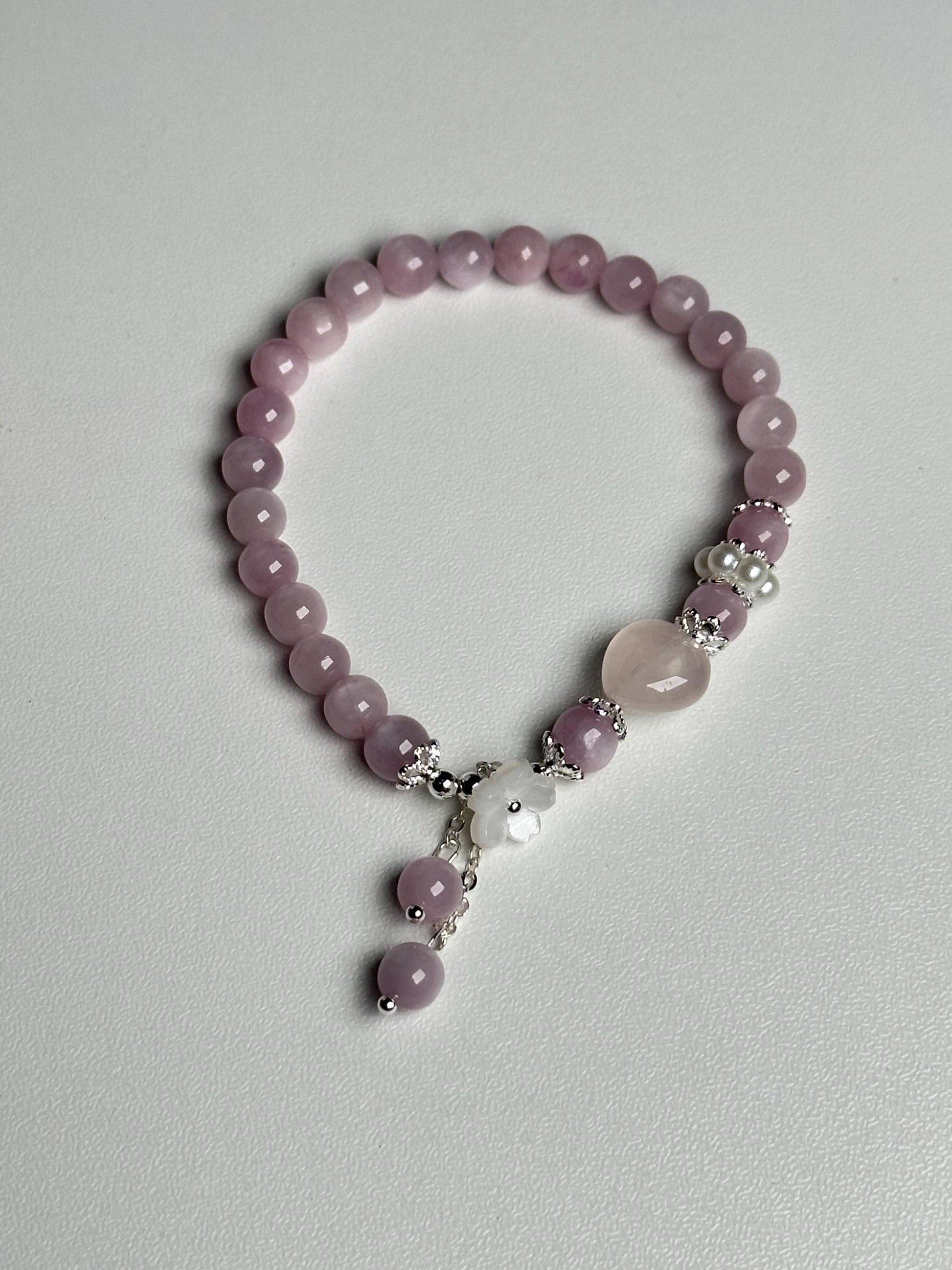Kunzite Bead Bracelet with Rose Quartz Heart & Freshwater Pearls | Natural Pink Crystal Jewelry | Feminine Gemstone Gift for Everyday Wear