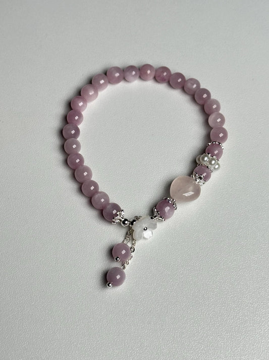 Kunzite Bead Bracelet with Rose Quartz Heart & Freshwater Pearls | Natural Pink Crystal Jewelry | Feminine Gemstone Gift for Everyday Wear