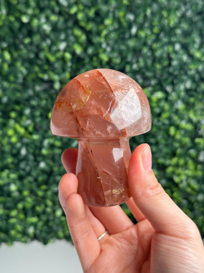Hematoid Star Rose Quartz Mushroom | Natural Pink Quartz Crystal Carving | Fire Quartz Included Gemstone Decor Gift for Collectors & Display