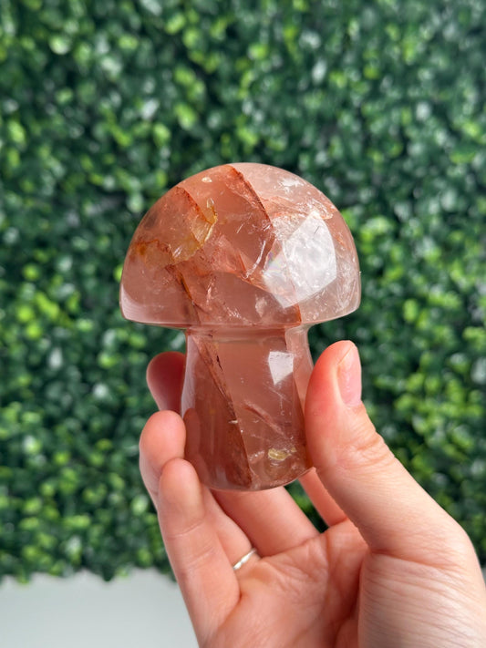 Hematoid Star Rose Quartz Mushroom | Natural Pink Quartz Crystal Carving | Fire Quartz Included Gemstone Decor Gift for Collectors & Display