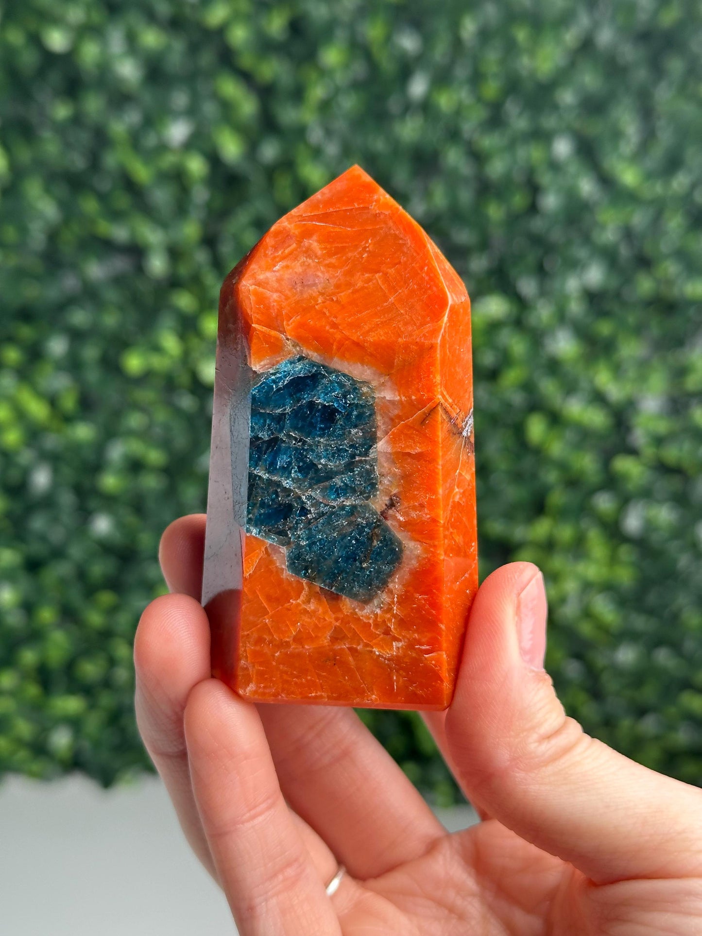 Orange Calcite Blue Apatite Tower from Brazil | Natural Colorful Crystal Point | Bright Mineral Decor, Collector Specimen & Gift