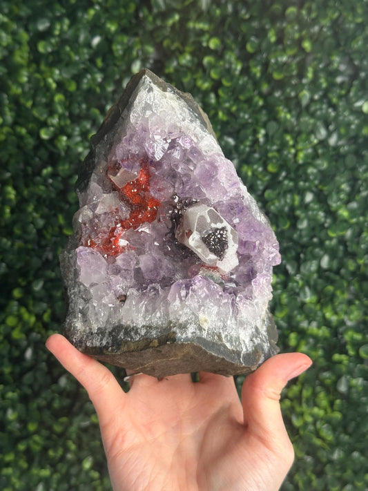 Amethyst with Calcite & Goethite Red Amethyst Crystal Specimen | Natural Quartz Mineral Cluster, Collector Display Home Decor