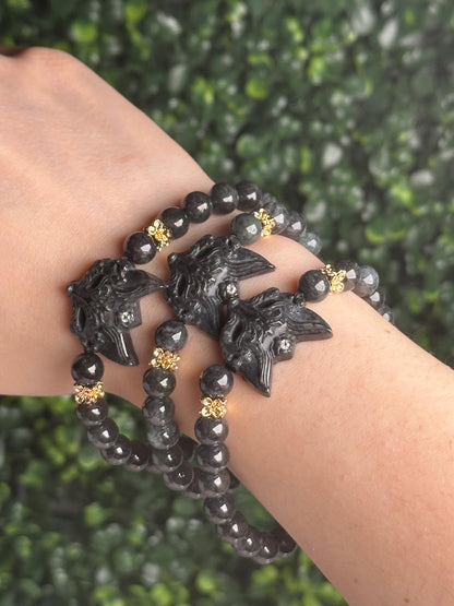 Wuji Jadeite Kitsune Fox Bracelet | Natural Grade A Jade Crystal Jewelry | Hand Carved Fox Charm Bracelet Gift for Collectors