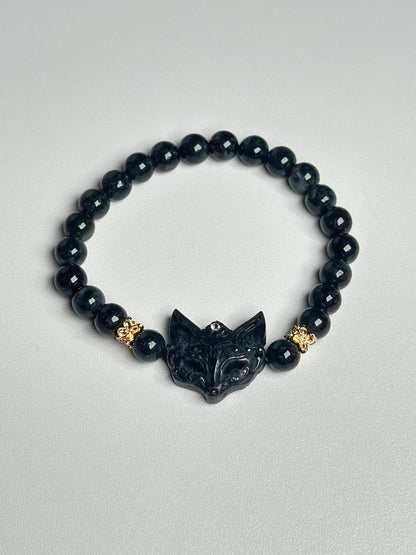 Wuji Jadeite Kitsune Fox Bracelet | Natural Grade A Jade Crystal Jewelry | Hand Carved Fox Charm Bracelet Gift for Collectors