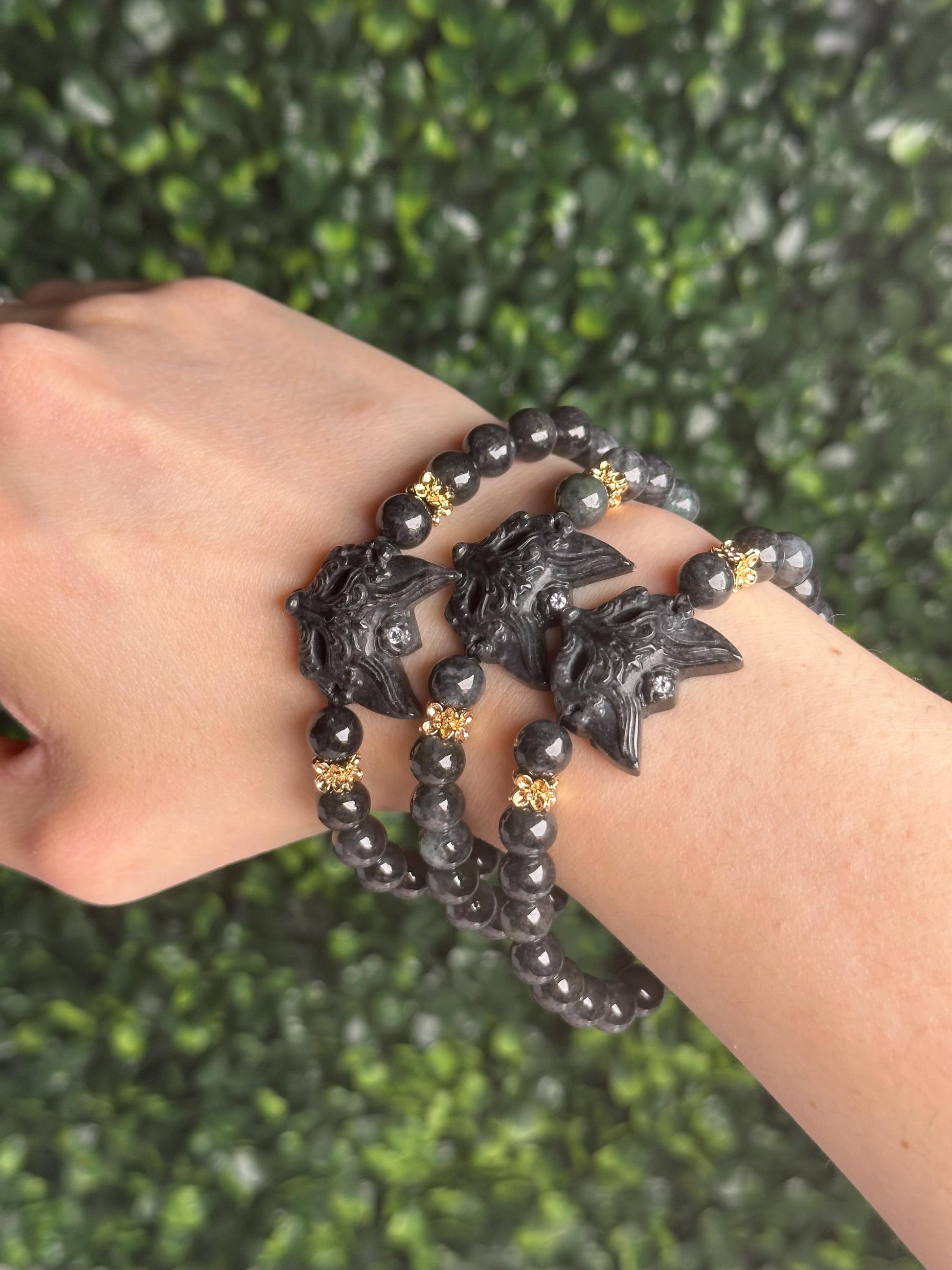 Wuji Jadeite Kitsune Fox Bracelet | Natural Grade A Jade Crystal Jewelry | Hand Carved Fox Charm Bracelet Gift for Collectors