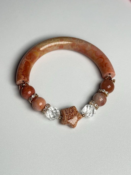 Half Bangle Fossilized Coral Bead Bracelet | Natural Coral Fossil Crystal Jewelry | Earthy Gemstone Bracelet Gift Everyday Wear Collectors