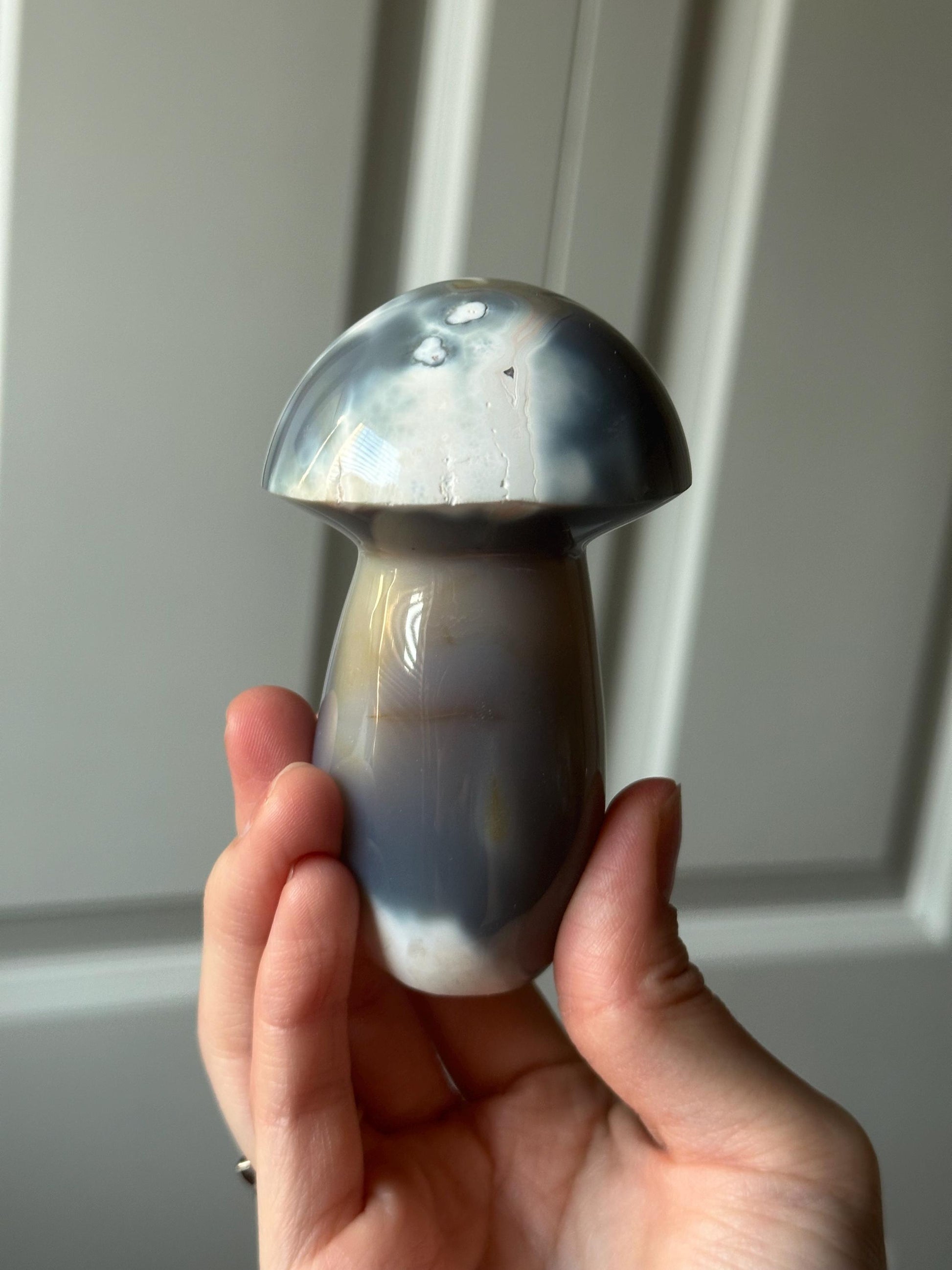 Orca Banded Agate Mushroom | Natural Banded Agate Crystal Carving | Polished Mineral Specimen for Collectors Display Decor Accent