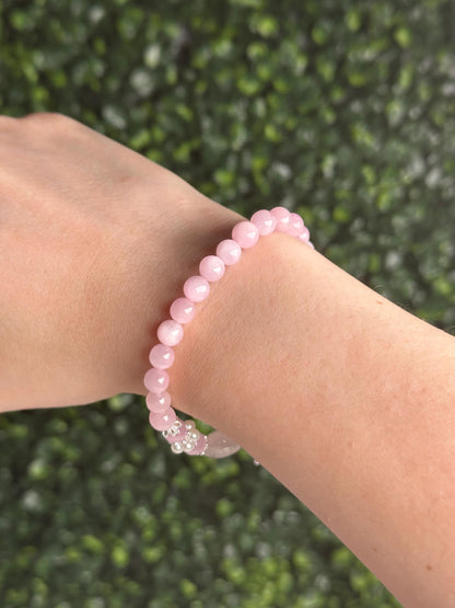 Kunzite Bead Bracelet with Rose Quartz Heart & Freshwater Pearls | Natural Pink Crystal Jewelry | Feminine Gemstone Gift for Everyday Wear