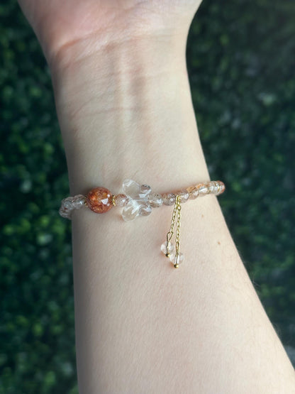 Rutilated Quartz Bead Bracelet with Clear Quartz Butterfly | Natural Golden Rutile Crystal Jewelry | Elegant Gemstone Gift for Everyday Wear