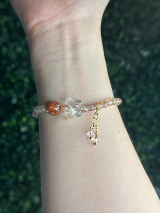 Rutilated Quartz Bead Bracelet with Clear Quartz Butterfly | Natural Golden Rutile Crystal Jewelry | Elegant Gemstone Gift for Everyday Wear