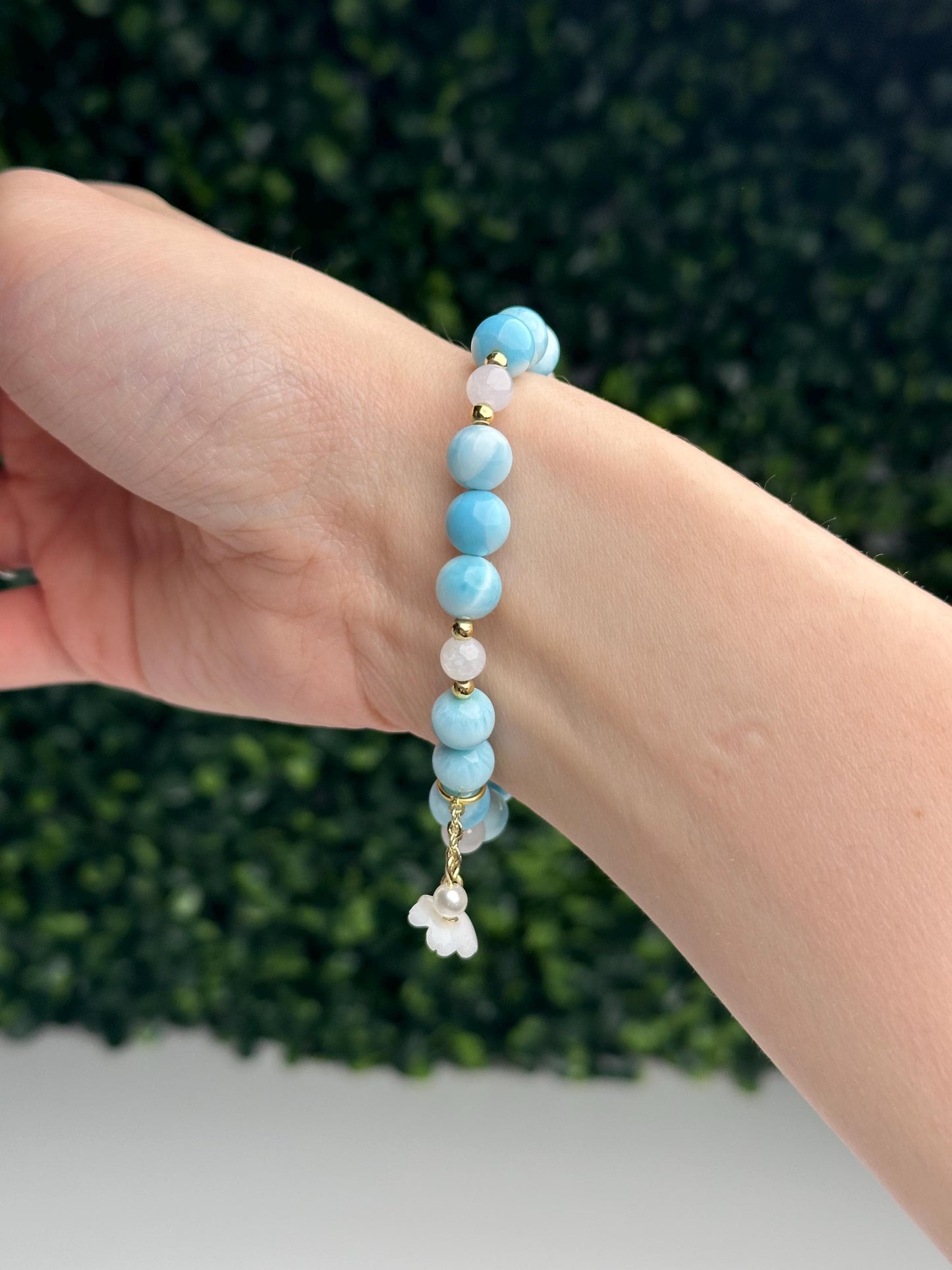 Pink Conch Shell Focal Bead Bracelet with Larimar & Lavender Jade | 18K Gold Plated Spacers | Pastel Gemstone Jewelry Gift