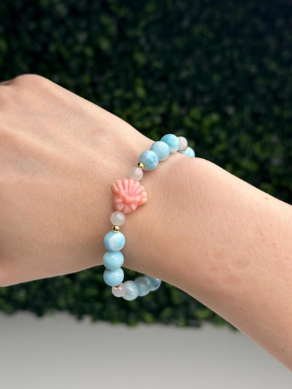Pink Conch Shell Focal Bead Bracelet with Larimar & Lavender Jade | 18K Gold Plated Spacers | Pastel Gemstone Jewelry Gift