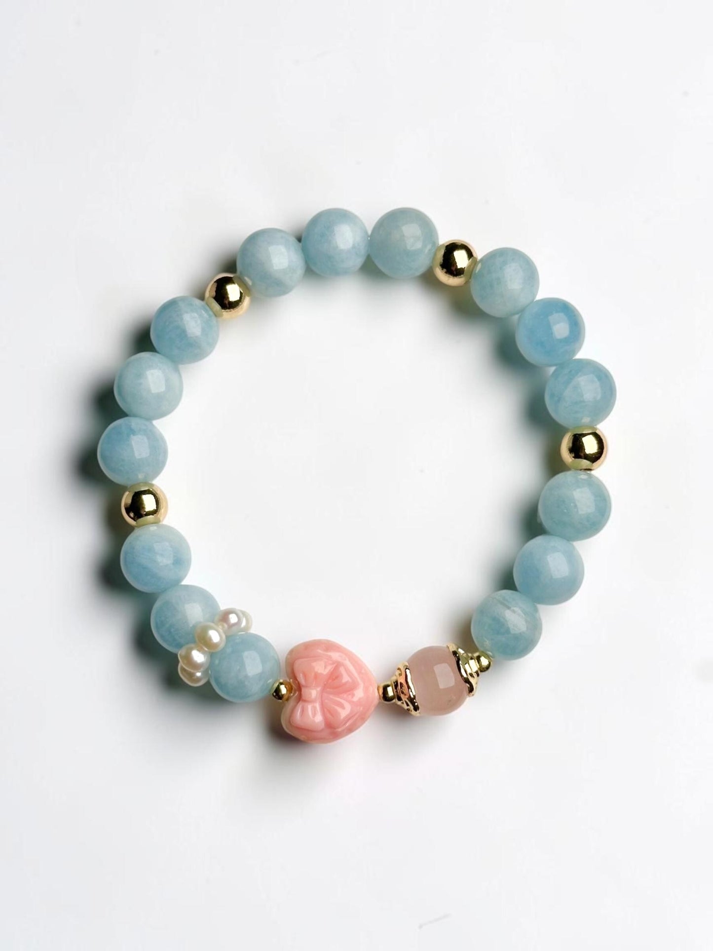Pink Conch Shell Focal Bead Bracelet with Rose Quartz, Aquamarine & Freshwater Pearls | 18K Gold Plated Spacers | Gemstone Jewelry