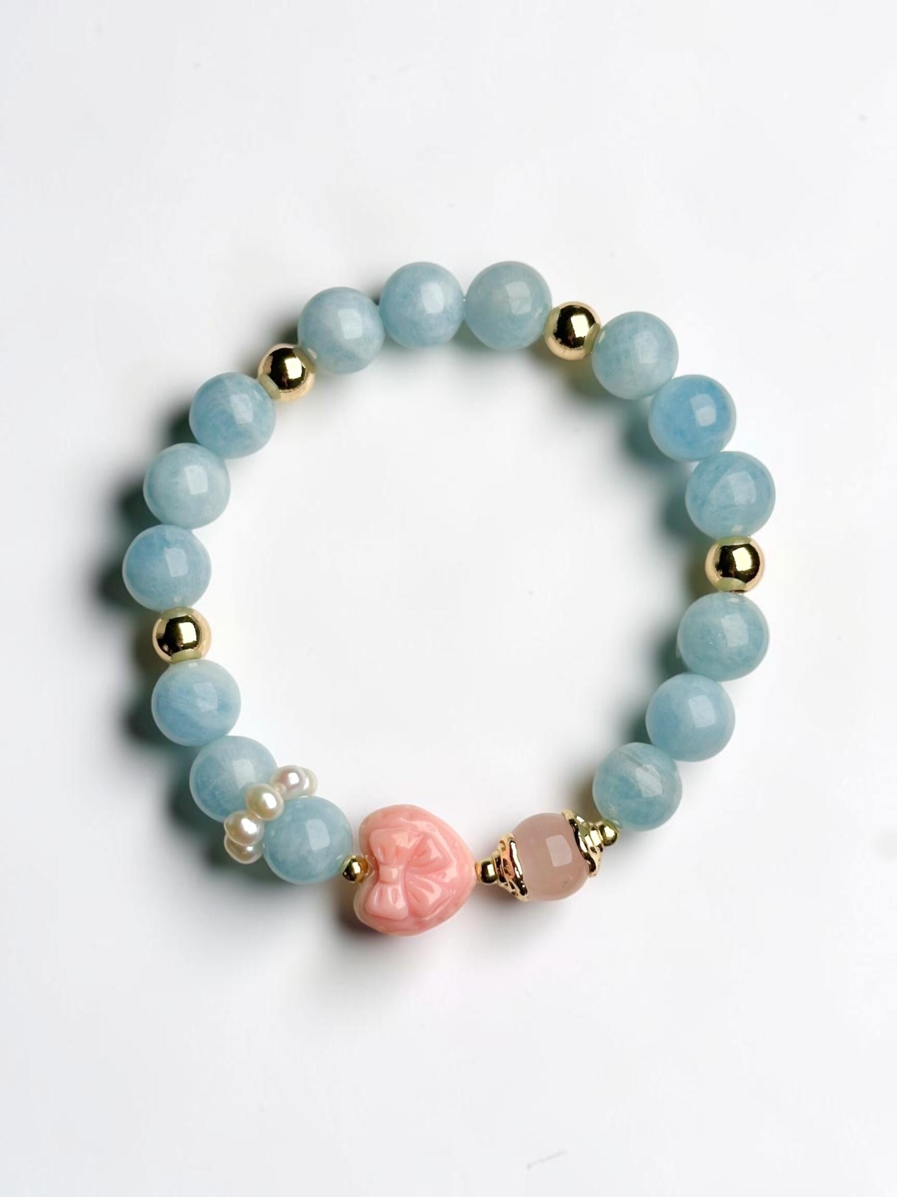 Pink Conch Shell Focal Bead Bracelet with Rose Quartz, Aquamarine & Freshwater Pearls | 18K Gold Plated Spacers | Gemstone Jewelry