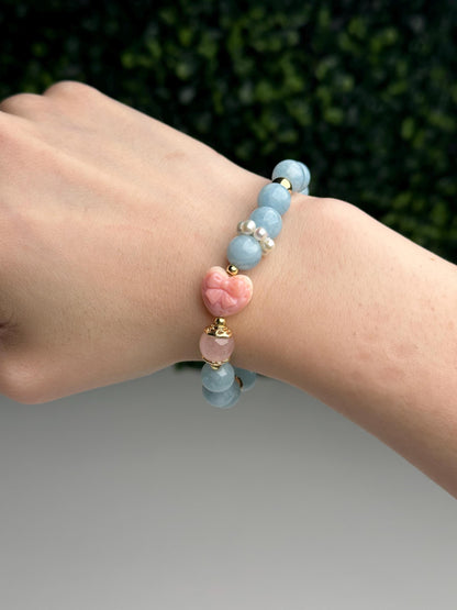 Pink Conch Shell Focal Bead Bracelet with Rose Quartz, Aquamarine & Freshwater Pearls | 18K Gold Plated Spacers | Gemstone Jewelry