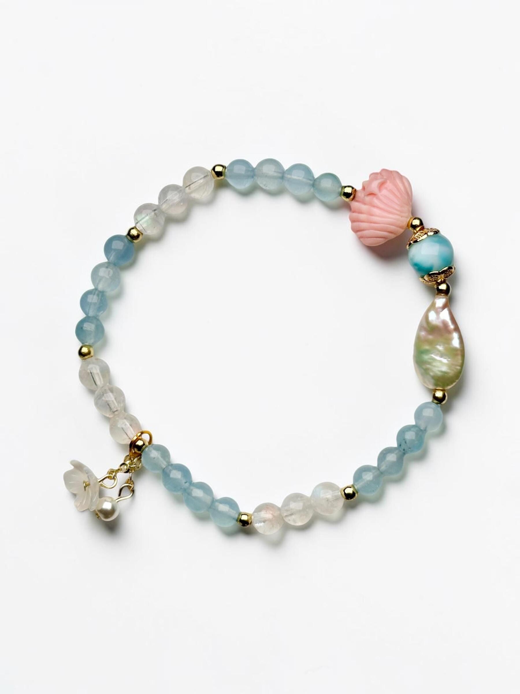 Pink Conch Shell Focal Bead Bracelet with Malagasy Moonstone, Gem Aquamarine & Freshwater Pearl | 18K Gold Plated Spacers Jewelry