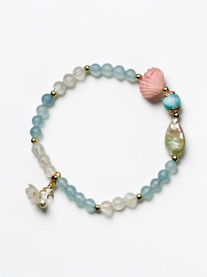 Pink Conch Shell Focal Bead Bracelet with Malagasy Moonstone, Gem Aquamarine & Freshwater Pearl | 18K Gold Plated Spacers Jewelry