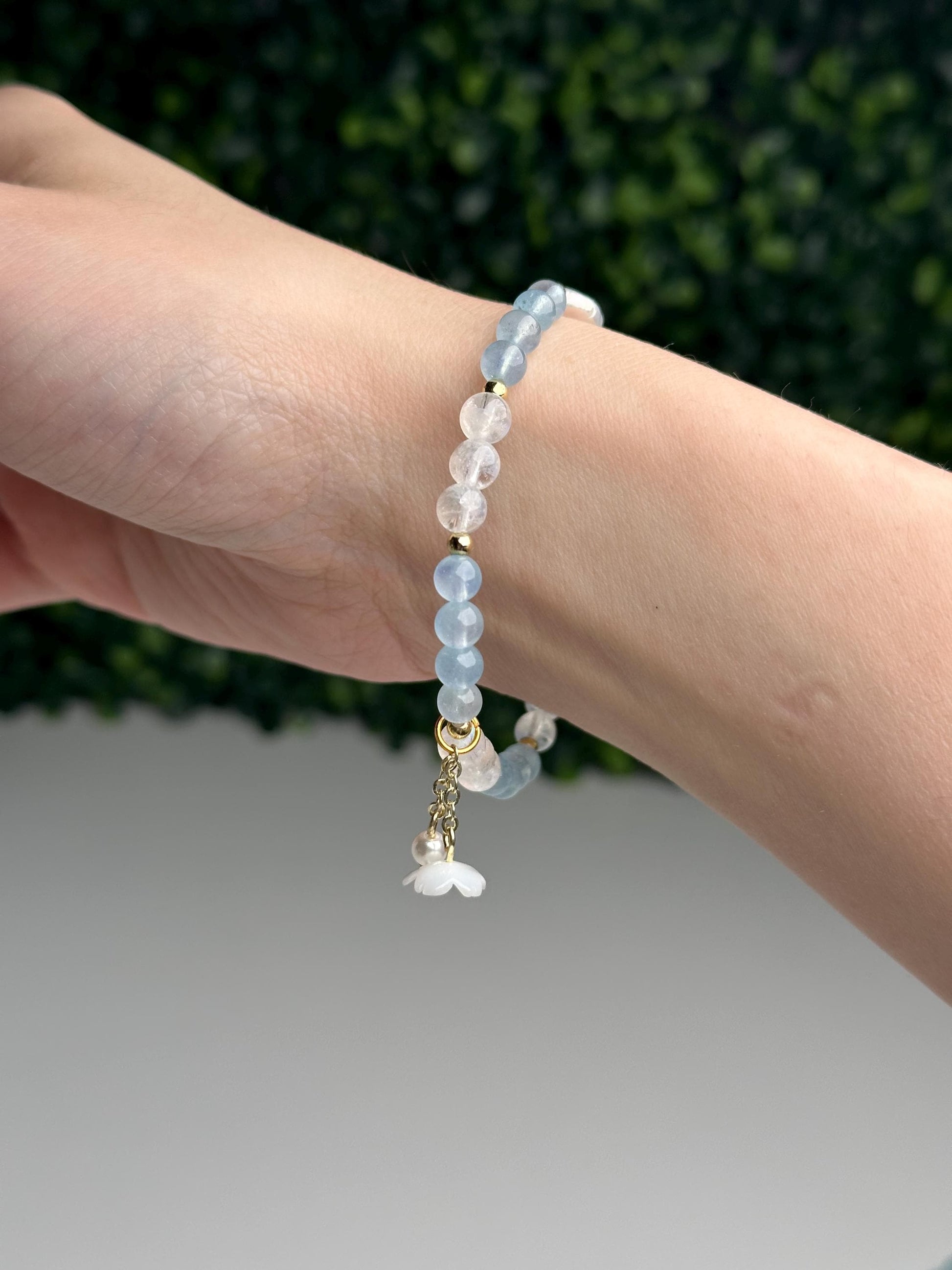 Pink Conch Shell Focal Bead Bracelet with Malagasy Moonstone, Gem Aquamarine & Freshwater Pearl | 18K Gold Plated Spacers Jewelry