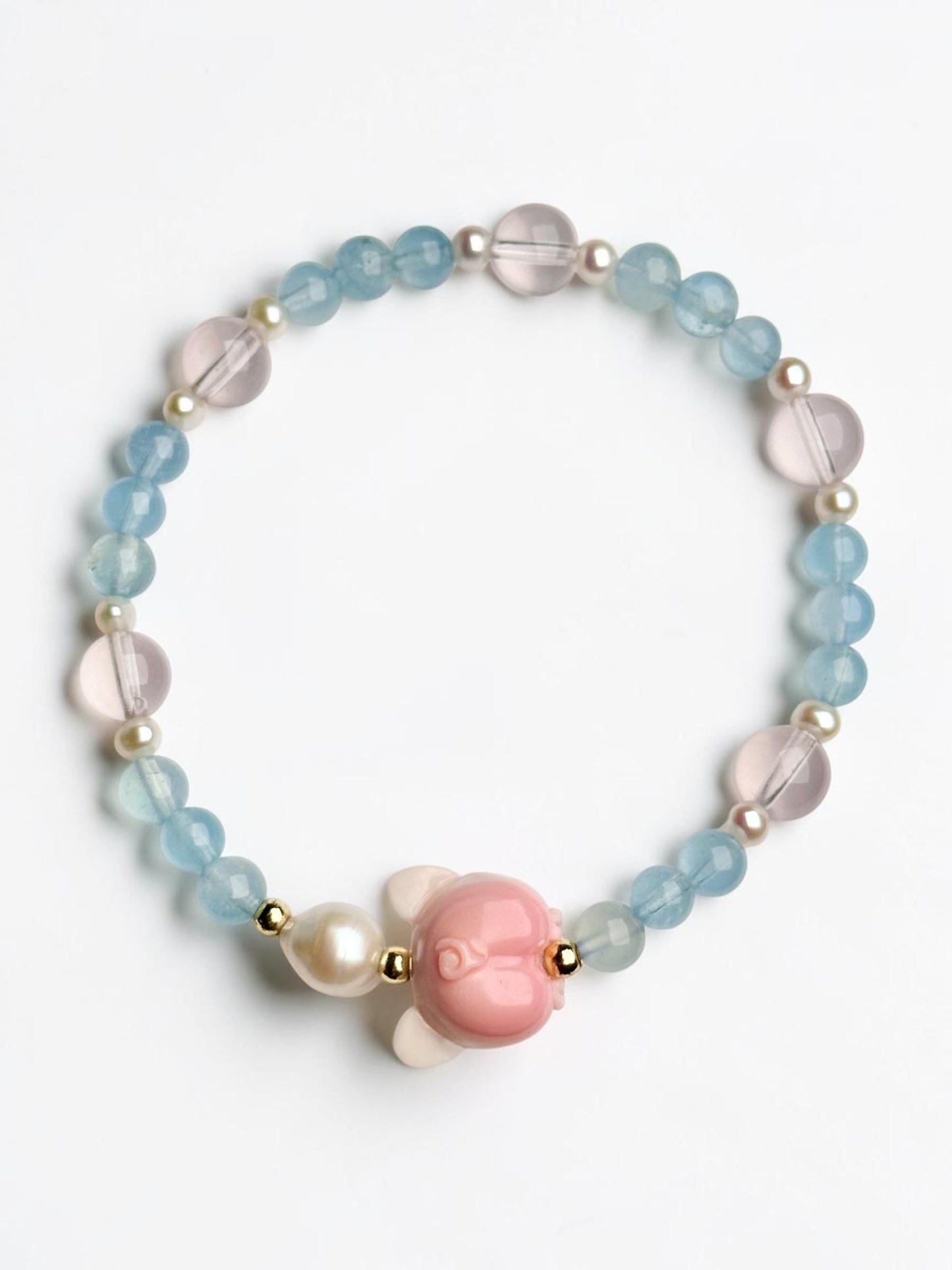 Pink Conch Shell Corgi Butt Bracelet with Rose Quartz, Gem Aquamarine & Freshwater Pearls | 18K Gold Plated Spacers Jewelry