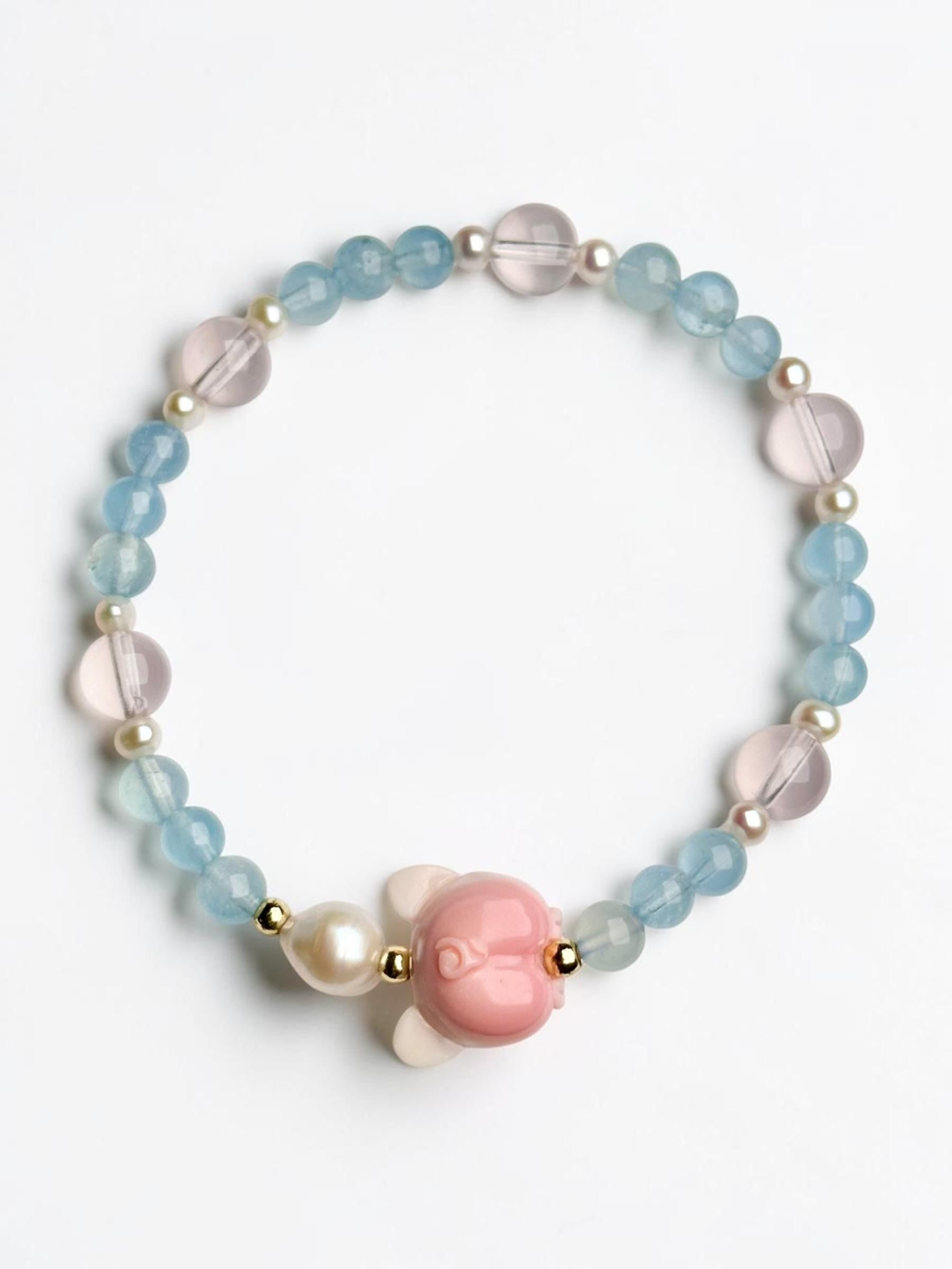 Pink Conch Shell Corgi Butt Bracelet with Rose Quartz, Gem Aquamarine & Freshwater Pearls | 18K Gold Plated Spacers Jewelry