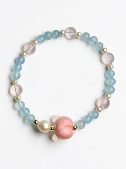Pink Conch Shell Corgi Butt Bracelet with Rose Quartz, Gem Aquamarine & Freshwater Pearls | 18K Gold Plated Spacers Jewelry