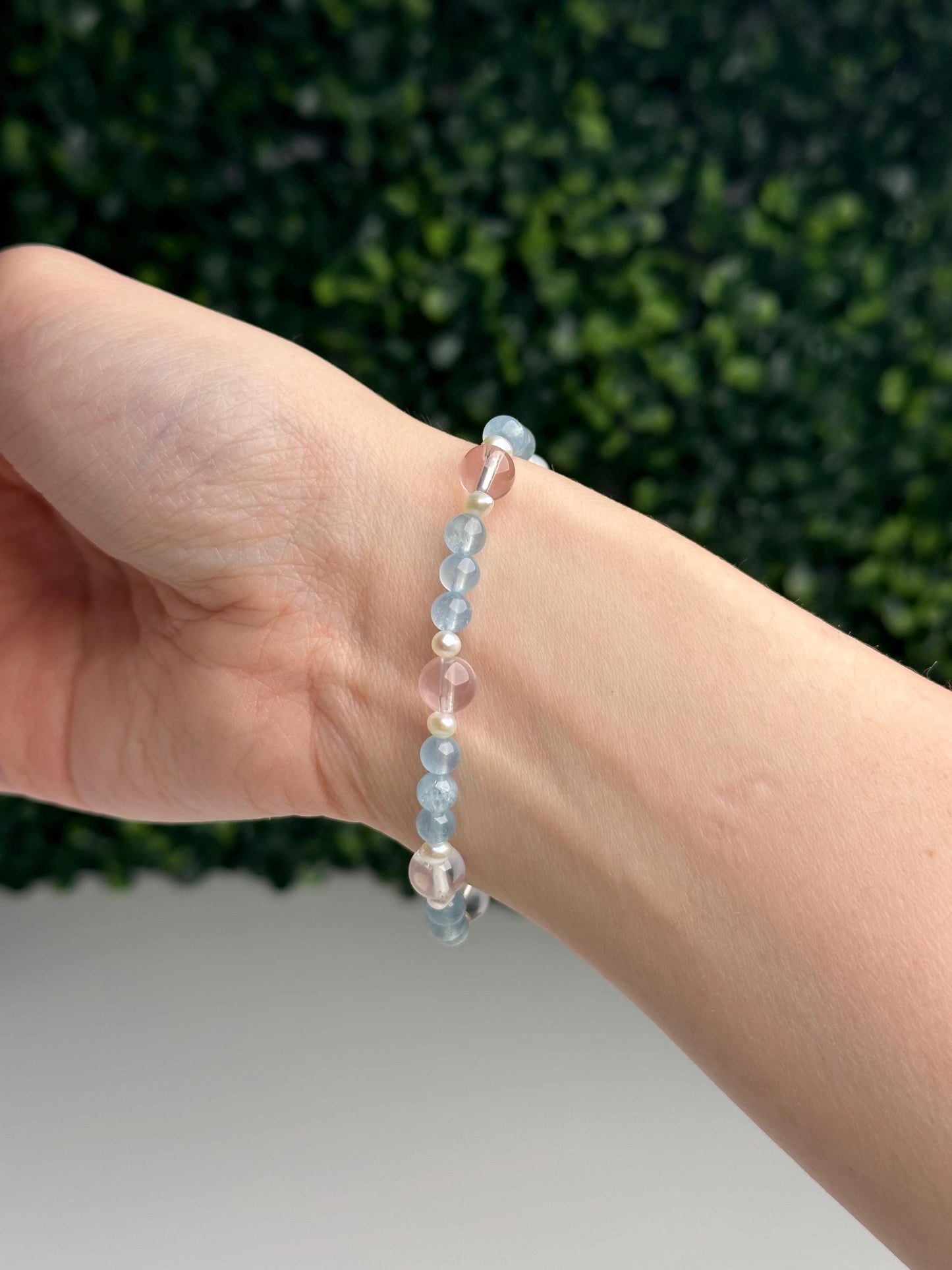 Pink Conch Shell Corgi Butt Bracelet with Rose Quartz, Gem Aquamarine & Freshwater Pearls | 18K Gold Plated Spacers Jewelry