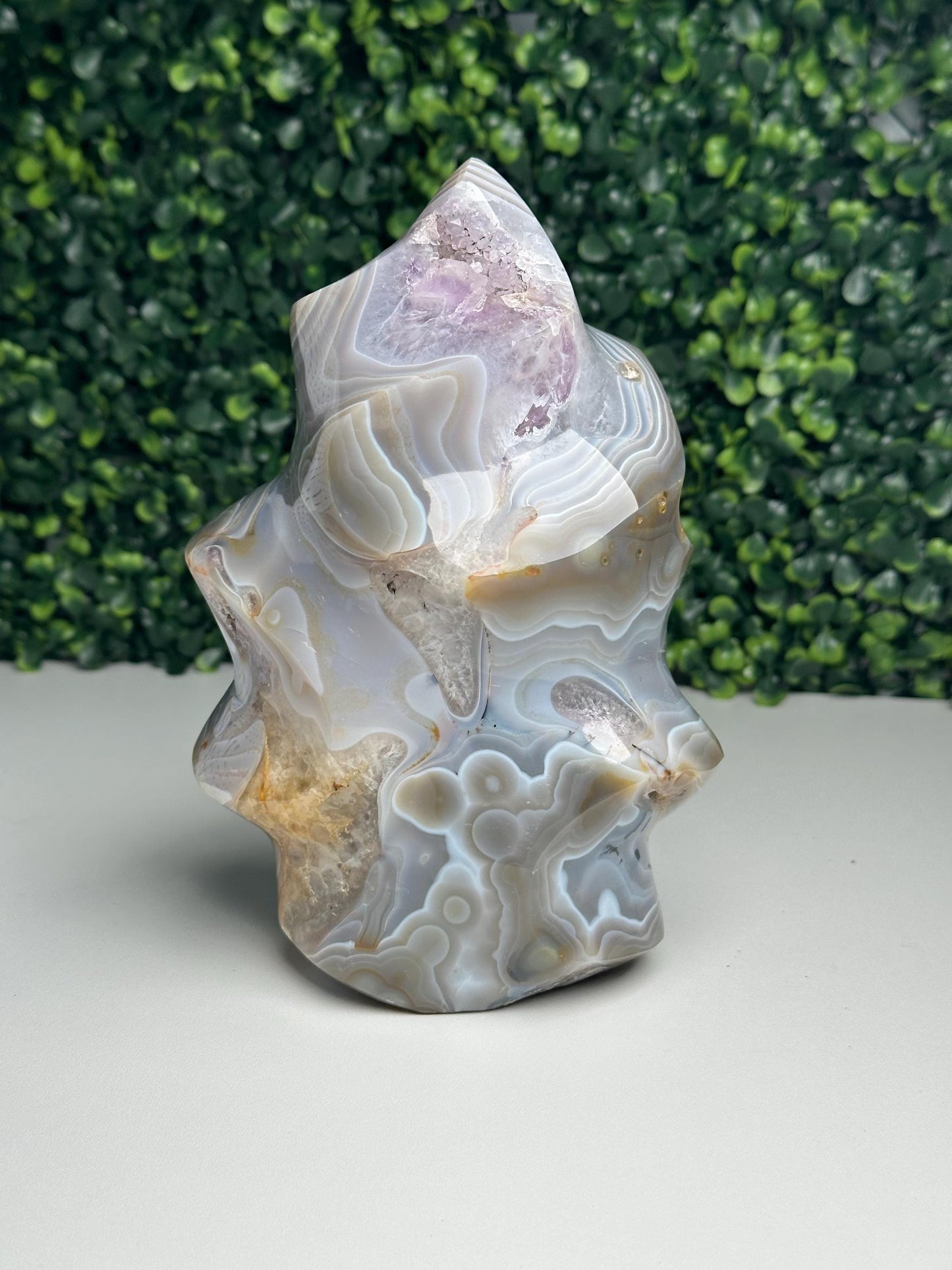 Large Banded Agate with Amethyst Flame | Natural Druzy Crystal Carving | Layered Agate Mineral Display, Home Decor & Collector Piece
