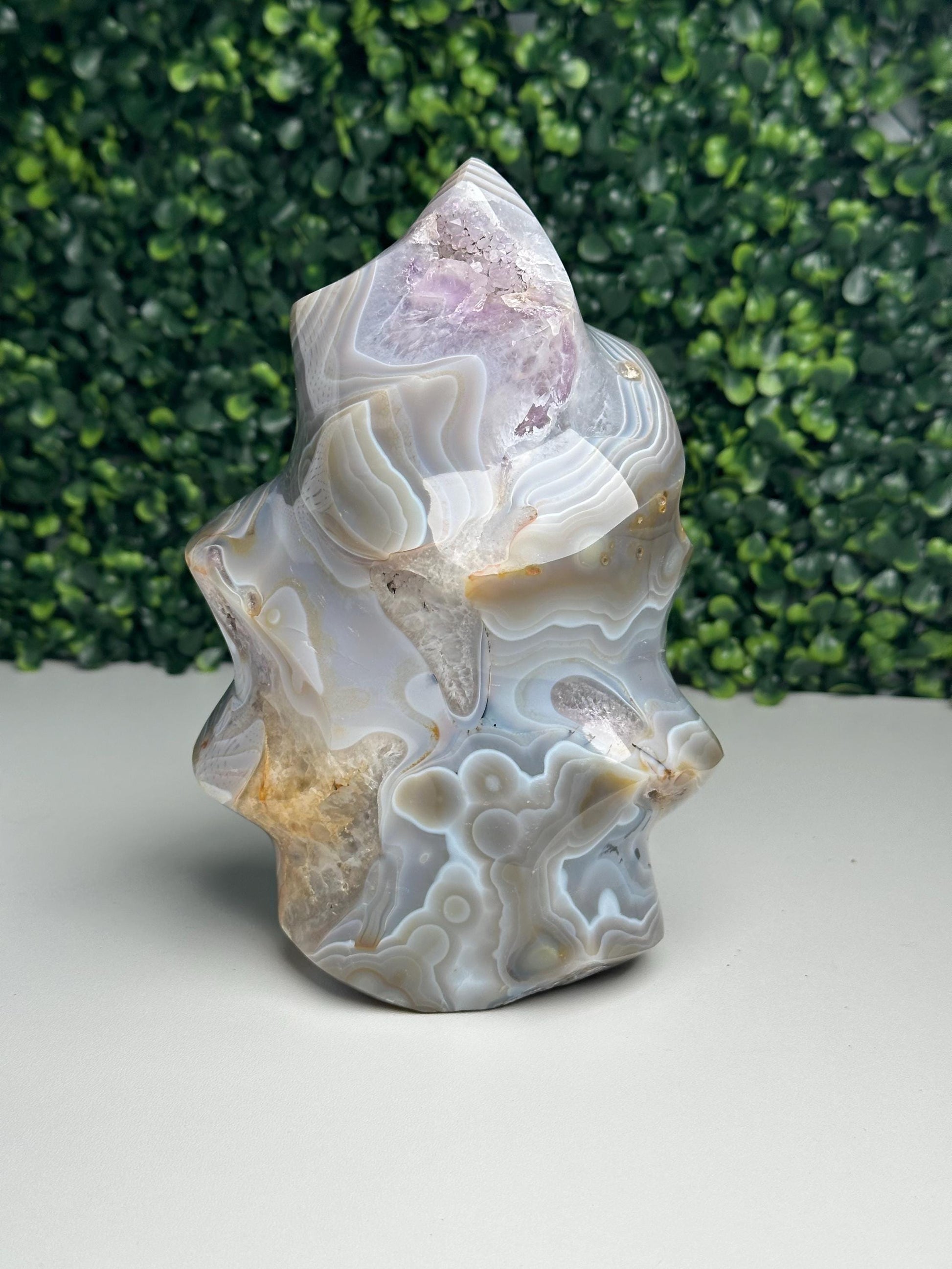 Large Banded Agate with Amethyst Flame | Natural Druzy Crystal Carving | Layered Agate Mineral Display, Home Decor & Collector Piece