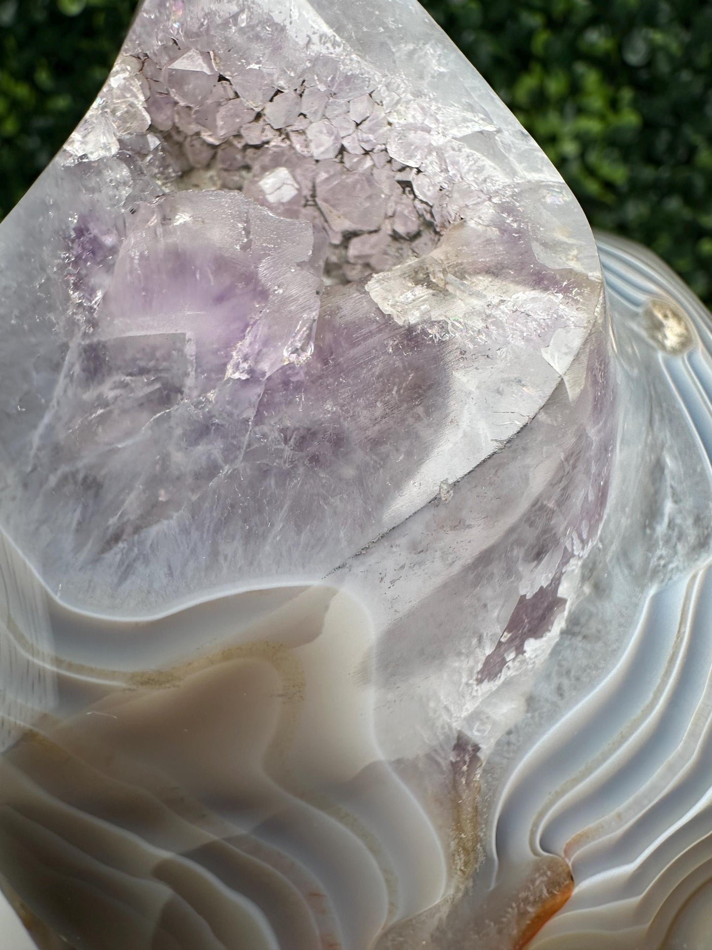 Large Banded Agate with Amethyst Flame | Natural Druzy Crystal Carving | Layered Agate Mineral Display, Home Decor & Collector Piece
