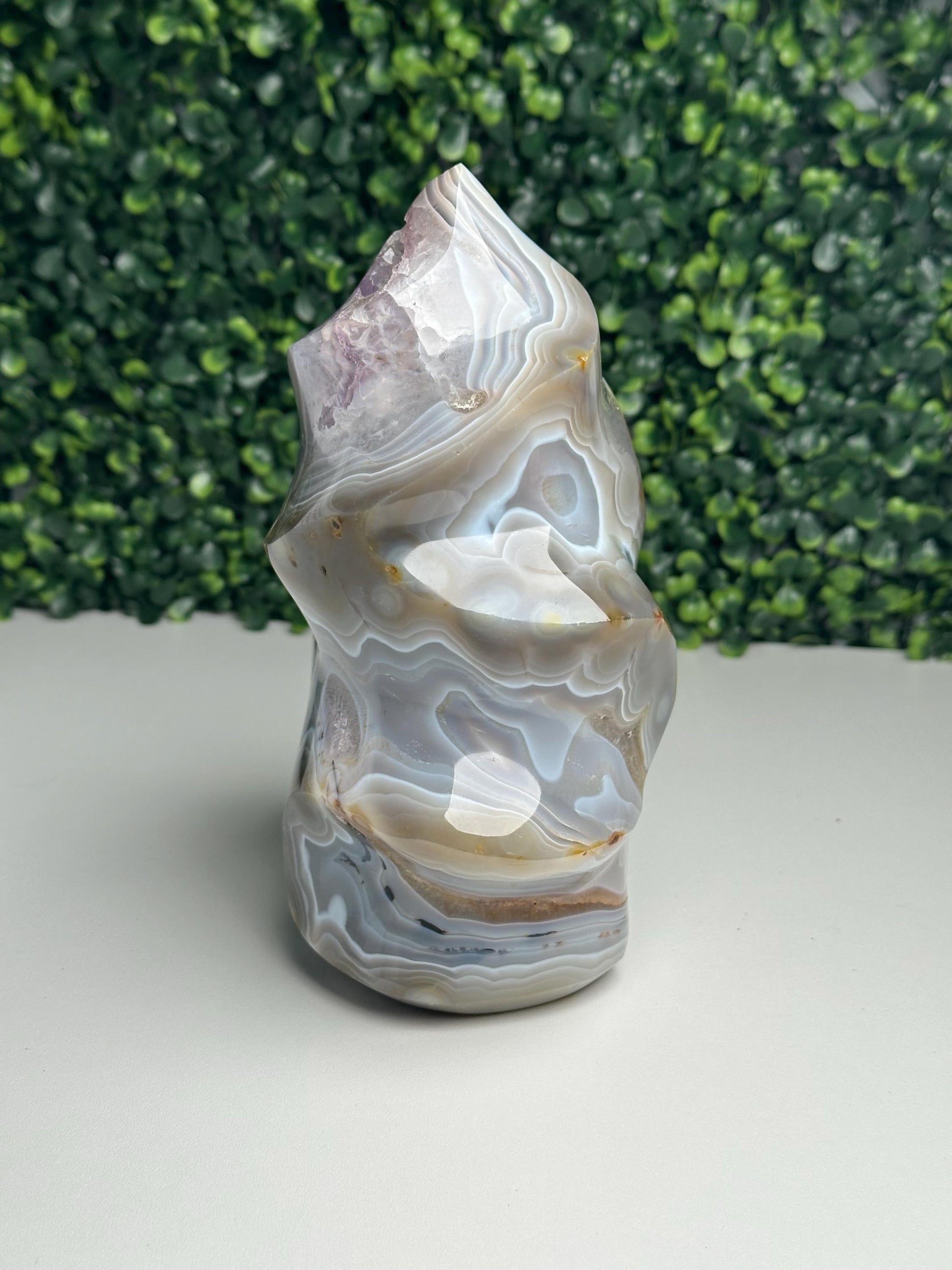 Large Banded Agate with Amethyst Flame | Natural Druzy Crystal Carving | Layered Agate Mineral Display, Home Decor & Collector Piece