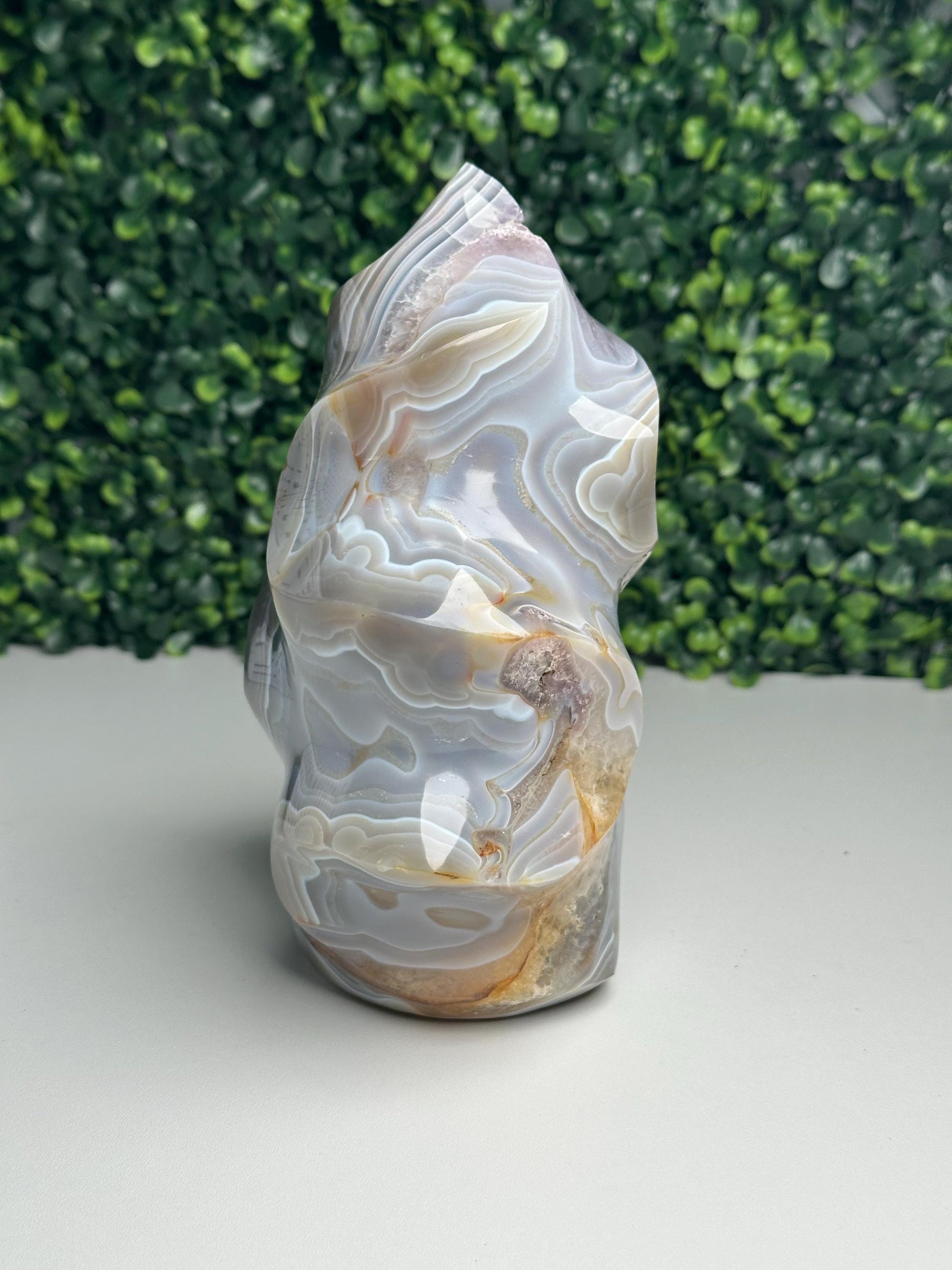 Large Banded Agate with Amethyst Flame | Natural Druzy Crystal Carving | Layered Agate Mineral Display, Home Decor & Collector Piece