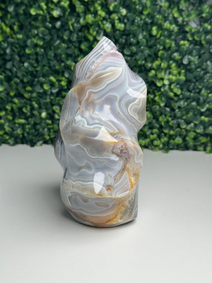 Large Banded Agate with Amethyst Flame | Natural Druzy Crystal Carving | Layered Agate Mineral Display, Home Decor & Collector Piece
