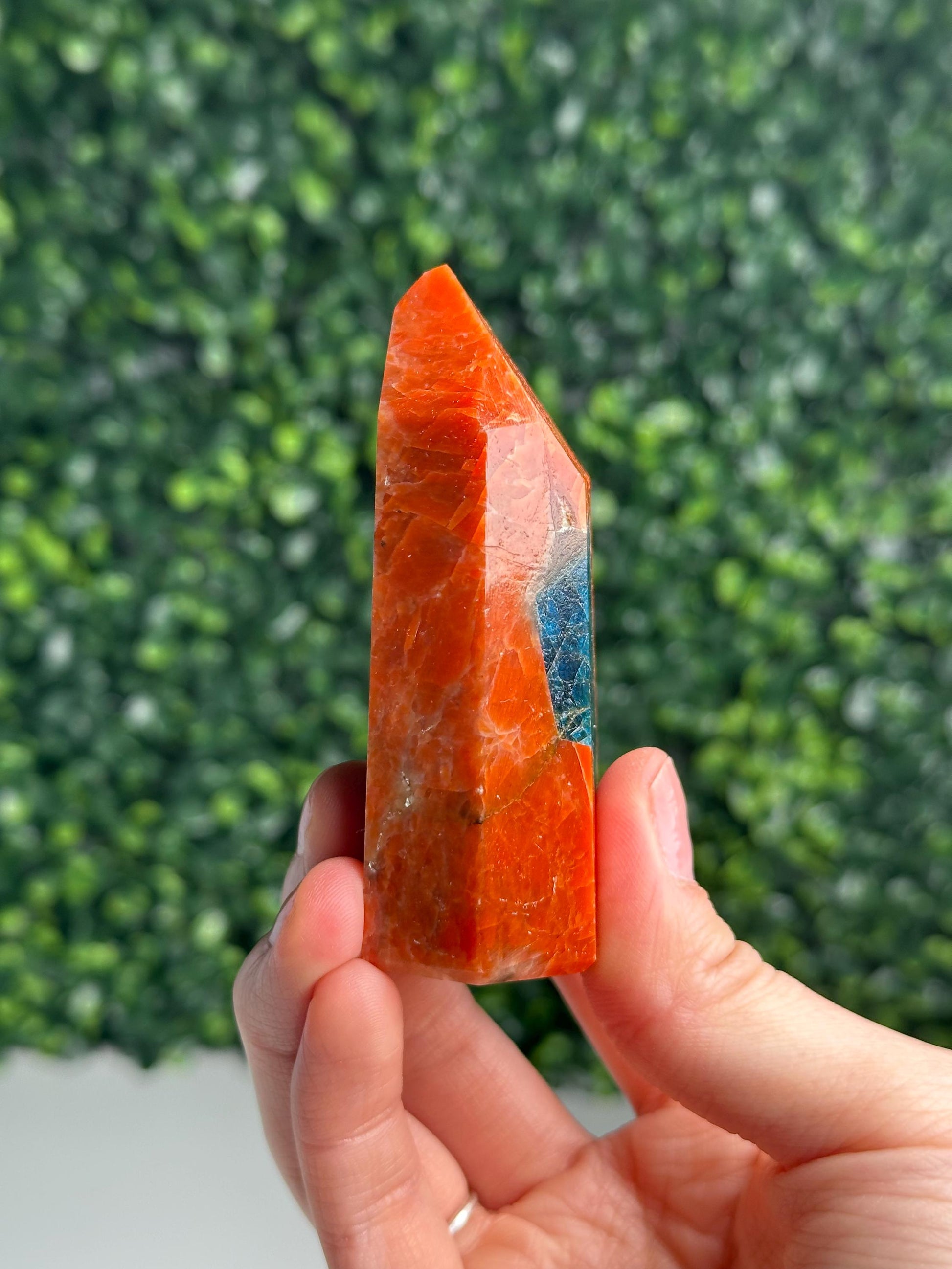 Orange Calcite Blue Apatite Tower from Brazil | Natural Colorful Crystal Point | Bright Mineral Decor, Collector Specimen & Gift