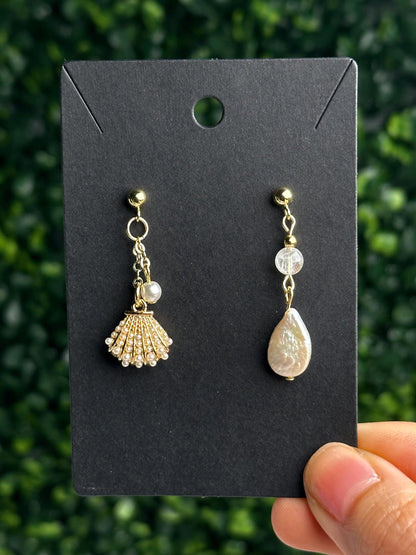 Handmade Seashell Stud Earrings with Freshwater Pearl & Malagasy Moonstone | 18K Gold Findings | Coastal Gemstone Jewelry Gift