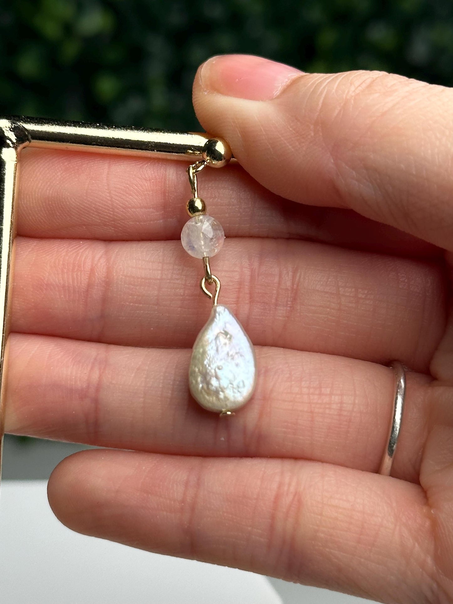 Handmade Seashell Stud Earrings with Freshwater Pearl & Malagasy Moonstone | 18K Gold Findings | Coastal Gemstone Jewelry Gift
