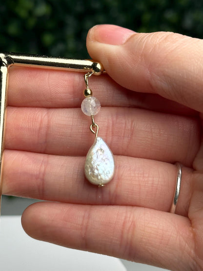Handmade Seashell Stud Earrings with Freshwater Pearl & Malagasy Moonstone | 18K Gold Findings | Coastal Gemstone Jewelry Gift
