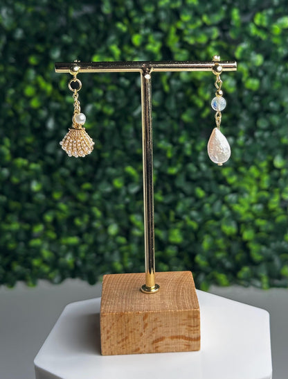 Handmade Seashell Stud Earrings with Freshwater Pearl & Malagasy Moonstone | 18K Gold Findings | Coastal Gemstone Jewelry Gift