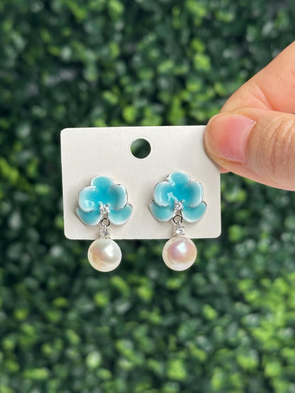 Blue Orchid Pearl Earrings | S925 Sterling Silver Freshwater Pearl Stud Earrings | Elegant Floral Jewelry, Handmade Gift & Everyday Wear
