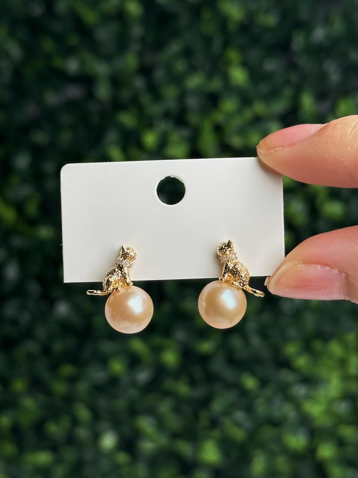 Sitting Cat Pearl Stud Earrings | Gold Plated Cat Earrings with Freshwater Pearls | Cute Animal Jewelry Gift for Cat Lovers & Everyday Wear