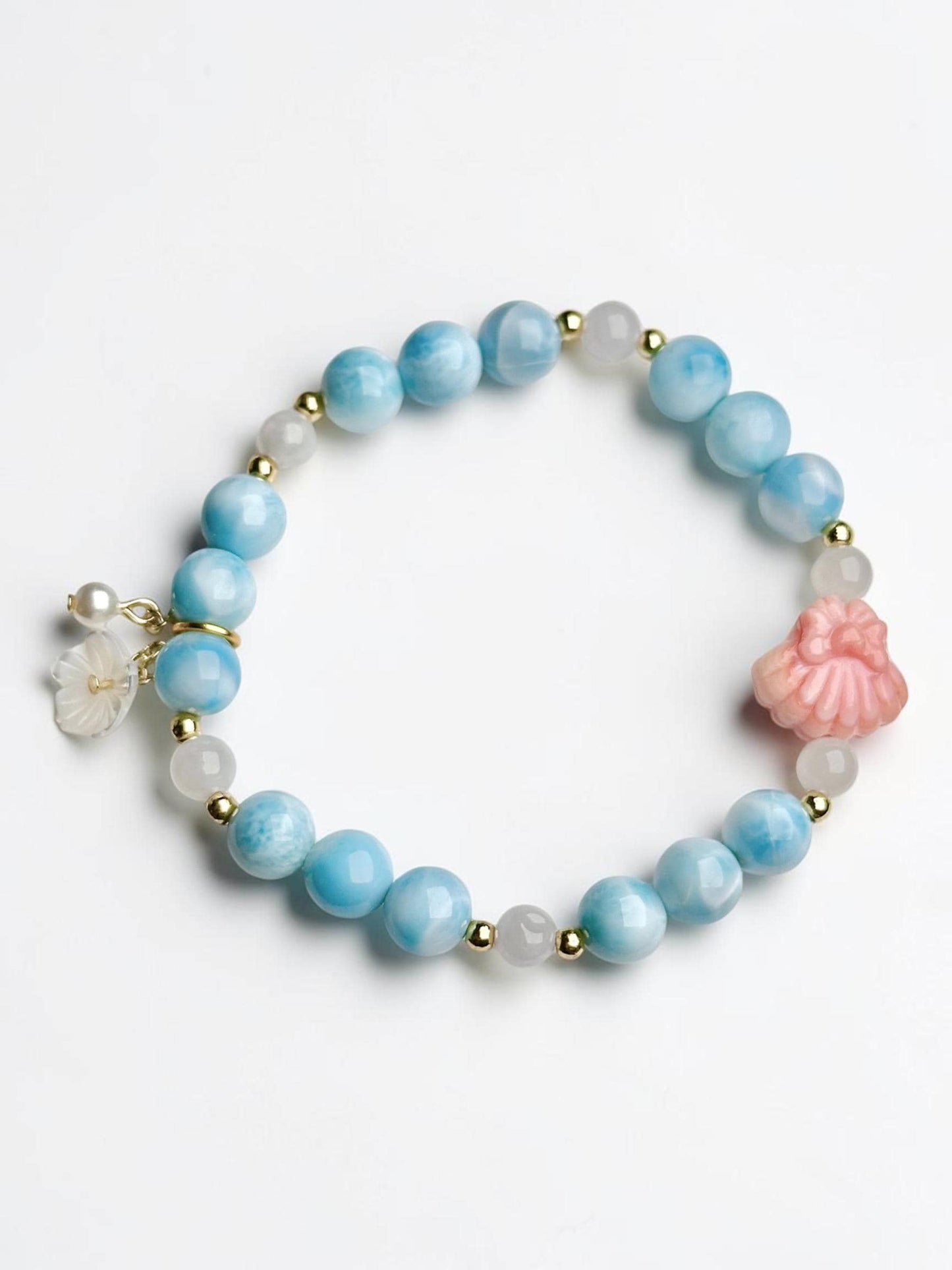 Pink Conch Shell Focal Bead Bracelet with Larimar & Lavender Jade | 18K Gold Plated Spacers | Pastel Gemstone Jewelry Gift