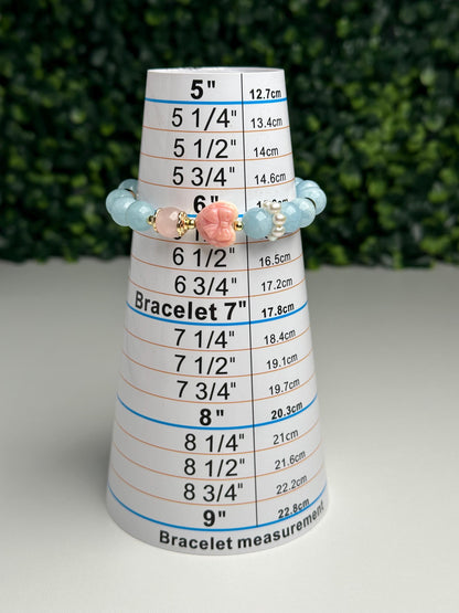 Pink Conch Shell Focal Bead Bracelet with Rose Quartz, Aquamarine & Freshwater Pearls | 18K Gold Plated Spacers | Gemstone Jewelry