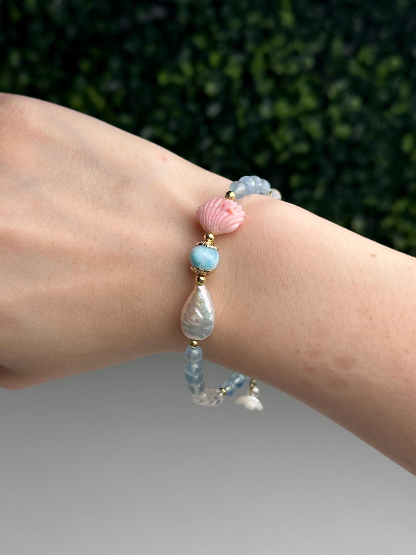 Pink Conch Shell Focal Bead Bracelet with Malagasy Moonstone, Gem Aquamarine & Freshwater Pearl | 18K Gold Plated Spacers Jewelry