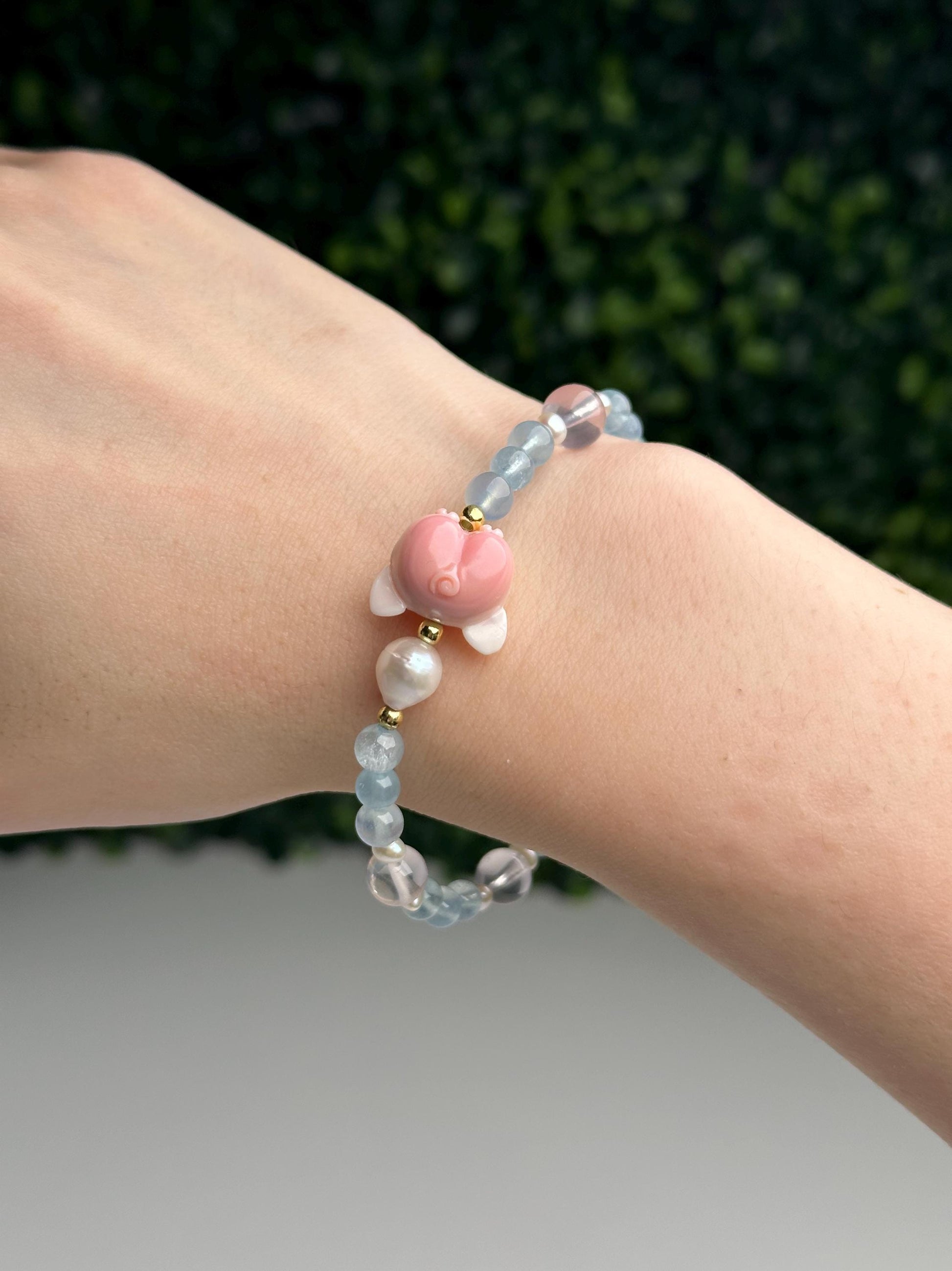 Pink Conch Shell Corgi Butt Bracelet with Rose Quartz, Gem Aquamarine & Freshwater Pearls | 18K Gold Plated Spacers Jewelry