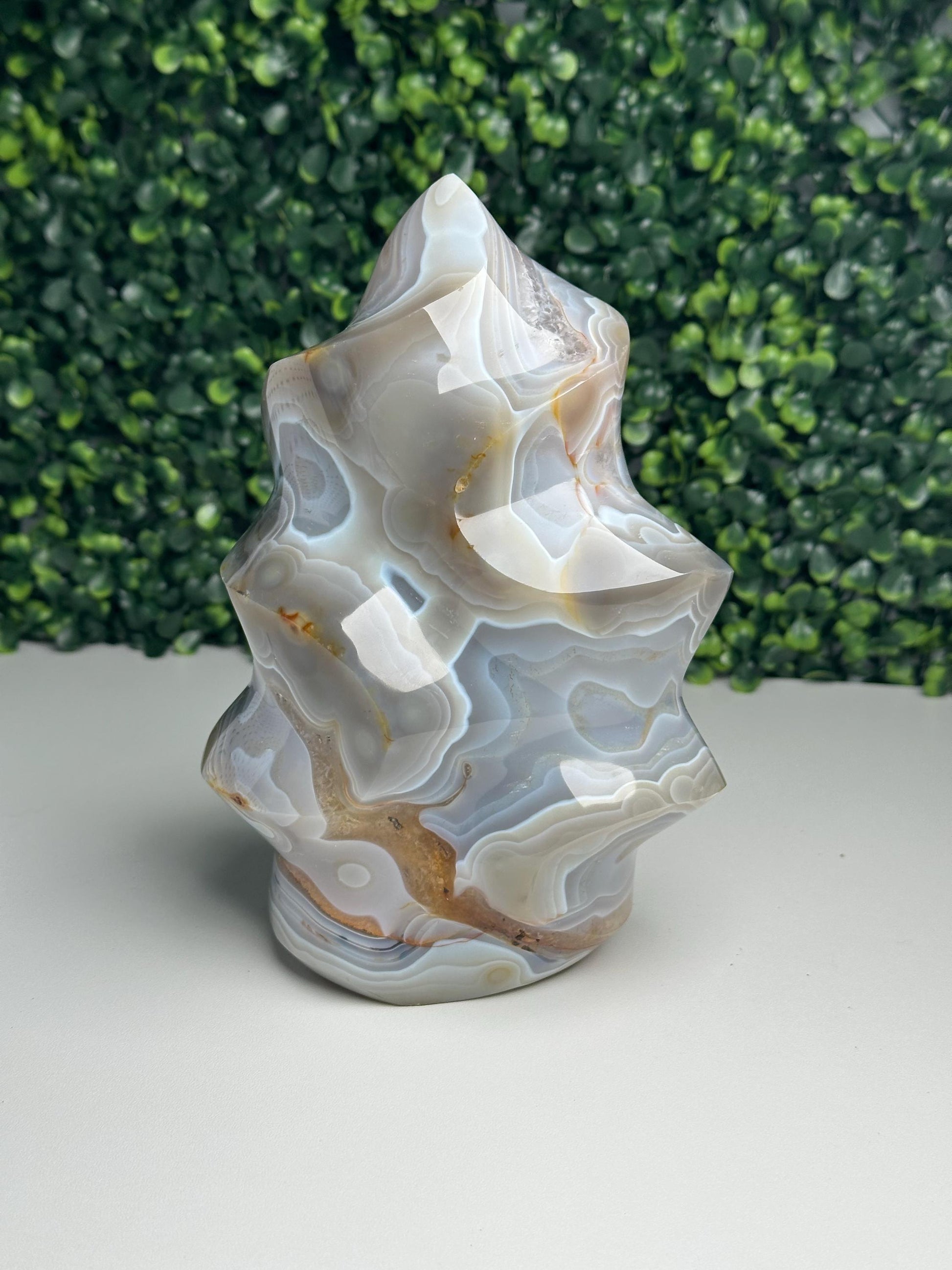 Large Banded Agate with Amethyst Flame | Natural Druzy Crystal Carving | Layered Agate Mineral Display, Home Decor & Collector Piece
