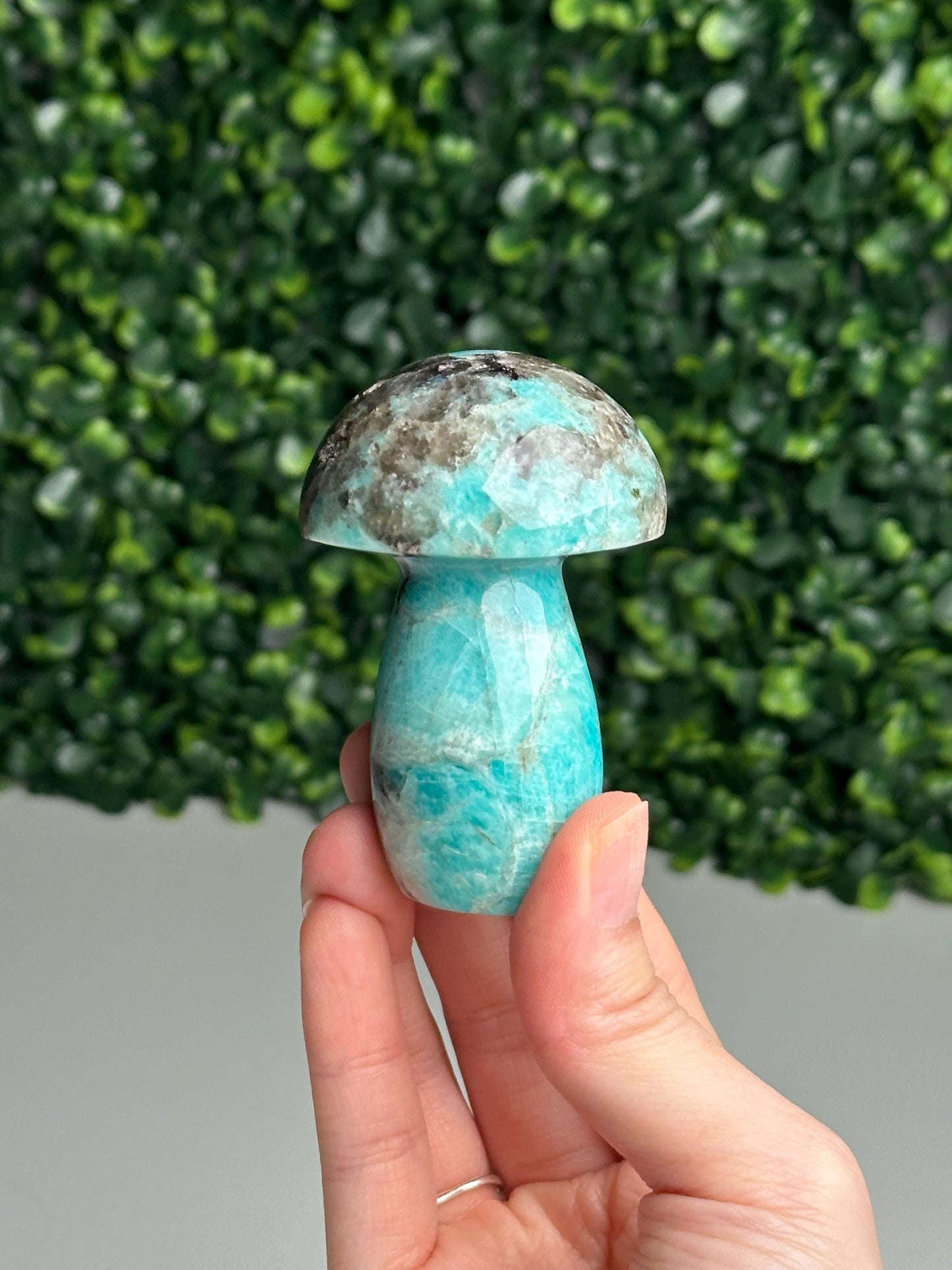 Smoky Quartz Amazonite Mushroom Carving | Natural Crystal | Green Blue Amazonite Smokey Quartz Stone Figurine | Mineral Collector Gift