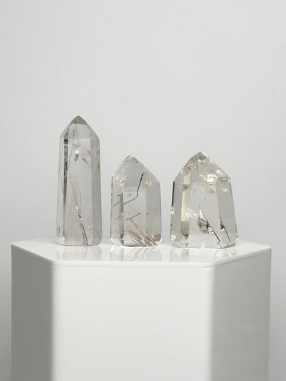 Clear Quartz with Black Rutile Set of 3 | Black Rutilated Crystals | Natural Needle Inclusion Stones | Mineral Specimen Collector Gift
