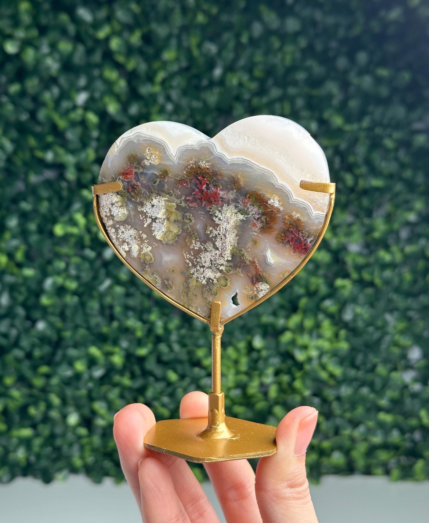 HQ Scenic Moss Agate Heart on Stand | Natural Crystal Display | Polished Gemstone with Landscape Patterns | Unique Home Decor Piece